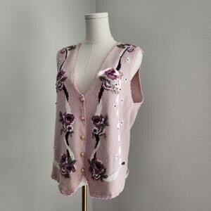 Vintage Koret Pink Floral Knit Button Up Sleeveless Sweater Vest Top M